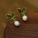 Baroque Fresh Water Pearl Green Leaf Dangle Stud Earrings, S925 Silver Post, Boho Jewelry AL1104