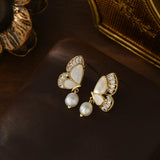 Baroque Freshwater Pearl White Shell Butterfly CZ Micro Pave Dangle Stud Earrings, S925 Silver Post, Boho Jewelry AL1105