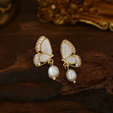 Baroque Freshwater Pearl White Shell Butterfly CZ Micro Pave Dangle Stud Earrings, S925 Silver Post, Boho Jewelry AL1105