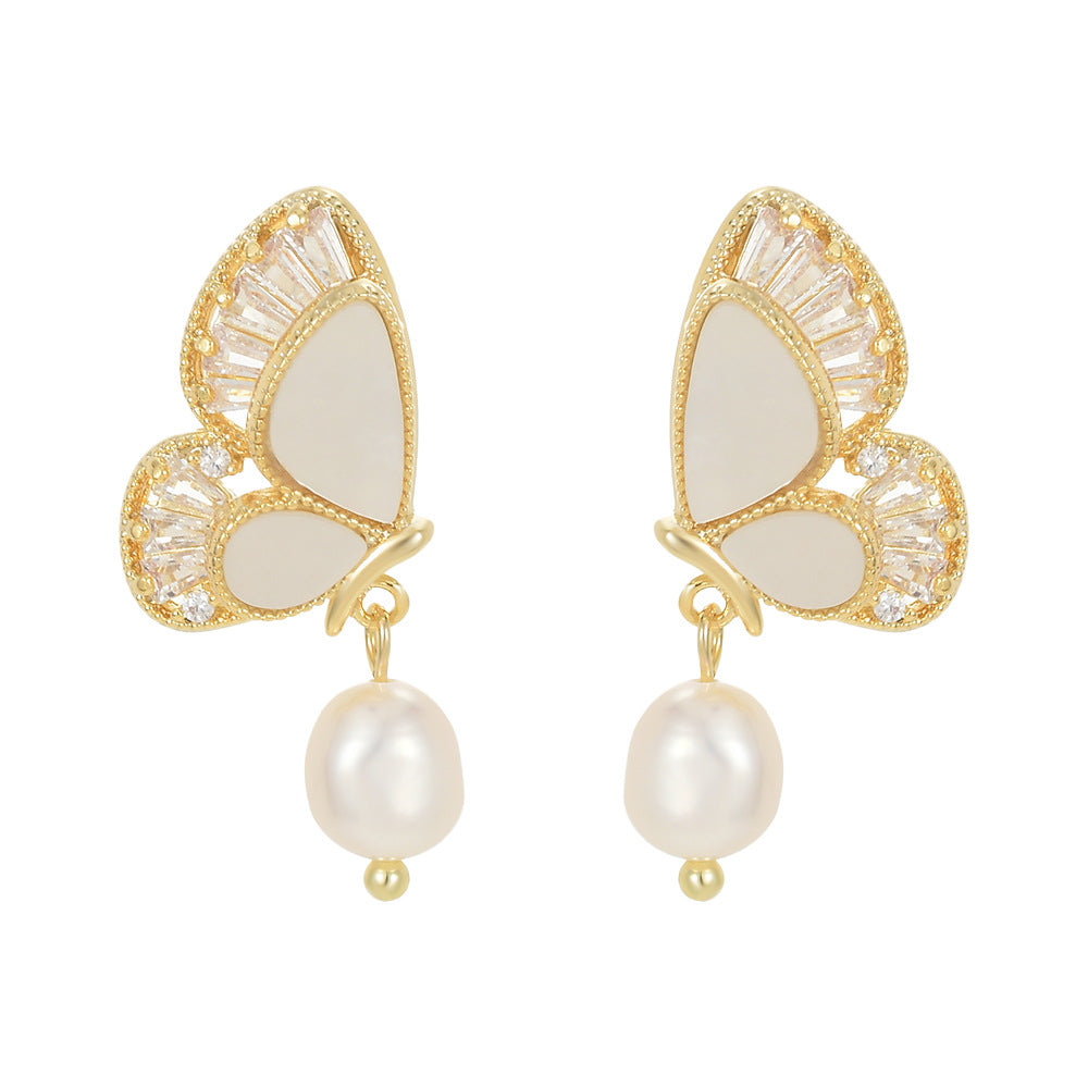 Baroque Freshwater Pearl White Shell Butterfly CZ Micro Pave Dangle Stud Earrings, S925 Silver Post, Boho Jewelry AL1105