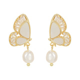 Baroque Freshwater Pearl White Shell Butterfly CZ Micro Pave Dangle Stud Earrings, S925 Silver Post, Boho Jewelry AL1105