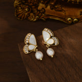 Baroque Freshwater Pearl White Shell Butterfly CZ Micro Pave Dangle Stud Earrings, S925 Silver Post, Boho Jewelry AL1105