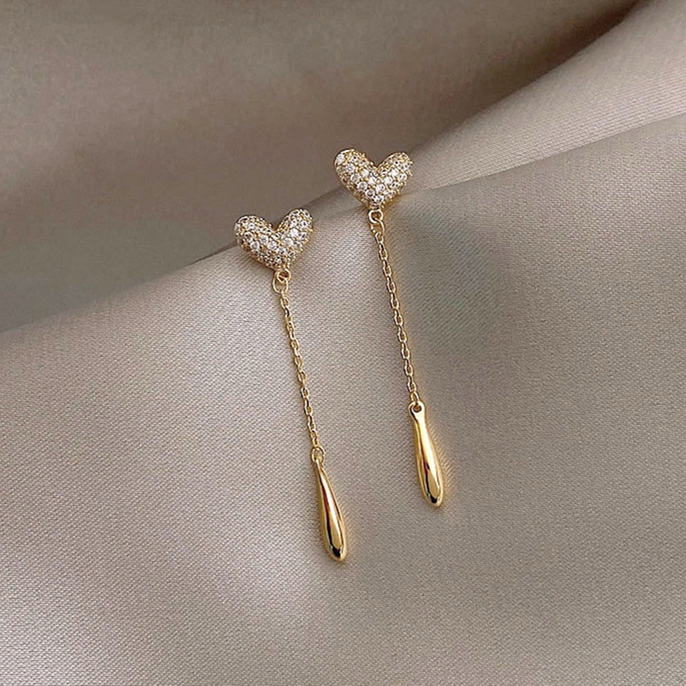 Gold CZ Micro Pave Heart Tassel Dangle Stud Earrings, S925 Silver Post, Lady Fashion Jewelry AL1106