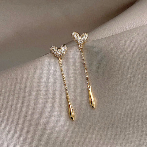 Gold CZ Micro Pave Heart Tassel Drop Dangle Stud Earrings, S925 Silver Post, Lady Fashion Jewelry AL1106