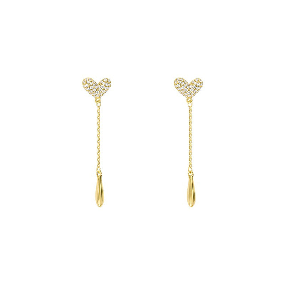 Gold CZ Micro Pave Heart Tassel Drop Dangle Stud Earrings, S925 Silver Post, Lady Fashion Jewelry AL1106