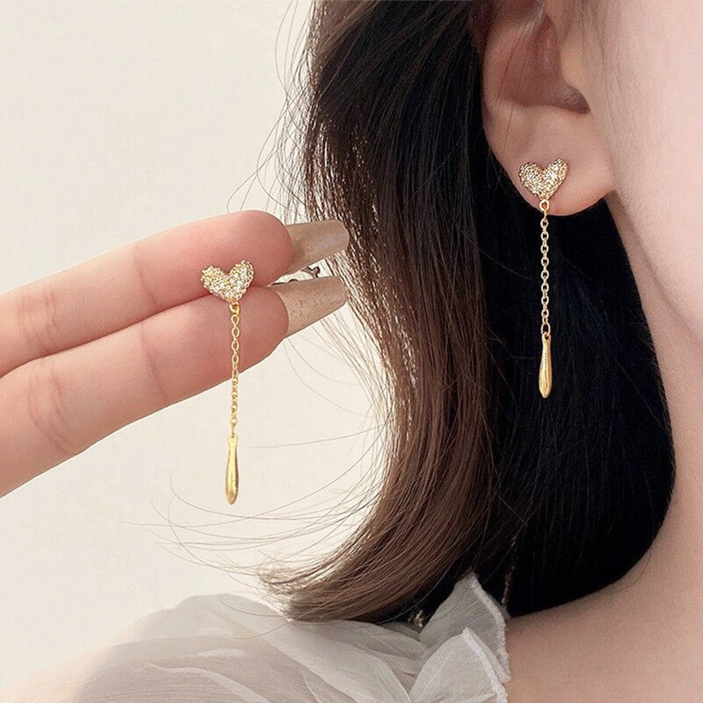 Gold CZ Micro Pave Heart Tassel Dangle Stud Earrings, S925 Silver Post, Lady Fashion Jewelry AL1106