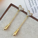 Gold CZ Micro Pave Heart Tassel Drop Dangle Stud Earrings, S925 Silver Post, Lady Fashion Jewelry AL1106