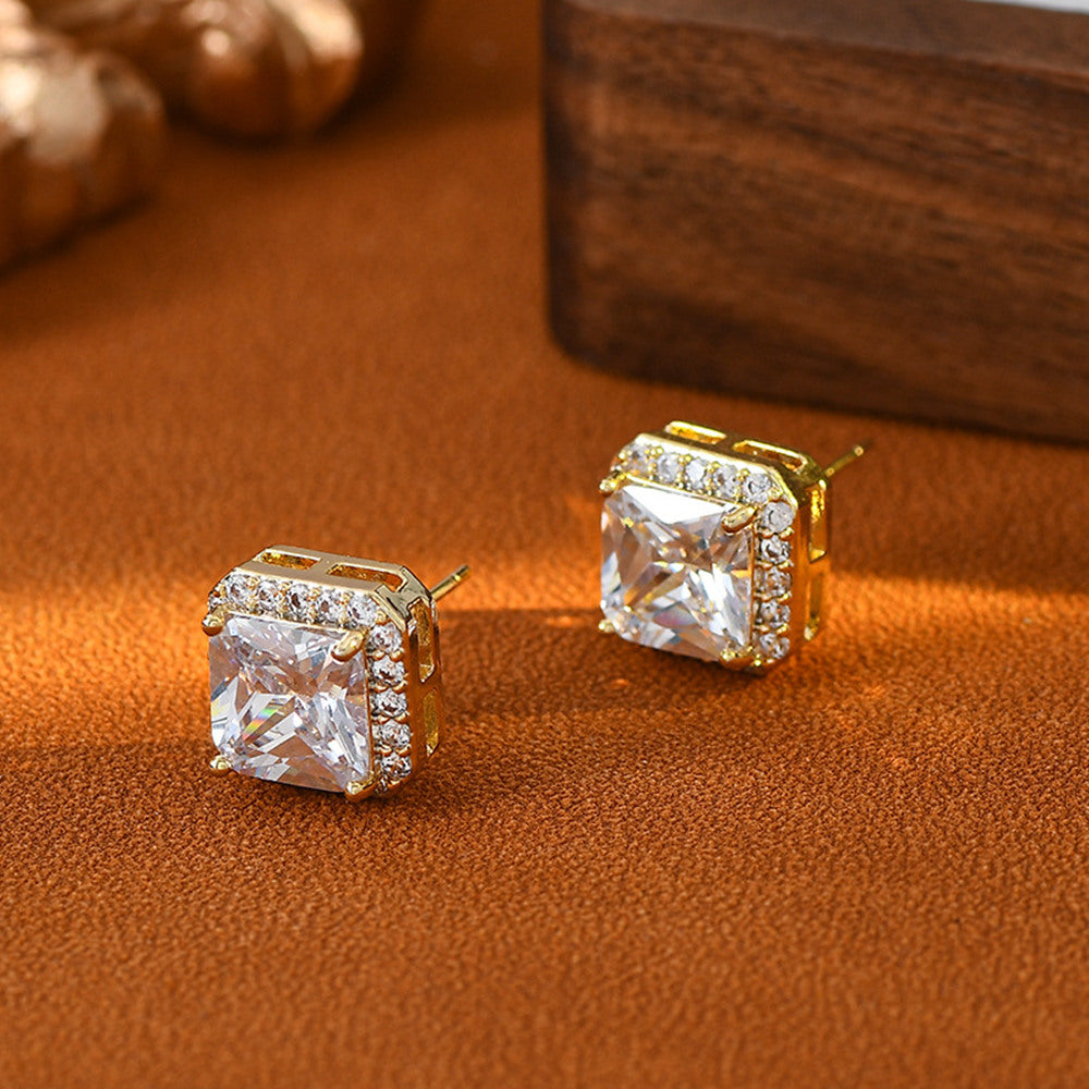 Geometric Sugar Cube Zircon Stud Earrings CZ Micro Pave Studs, S925 Silver Post, Fashion Simple Jewelry AL1107