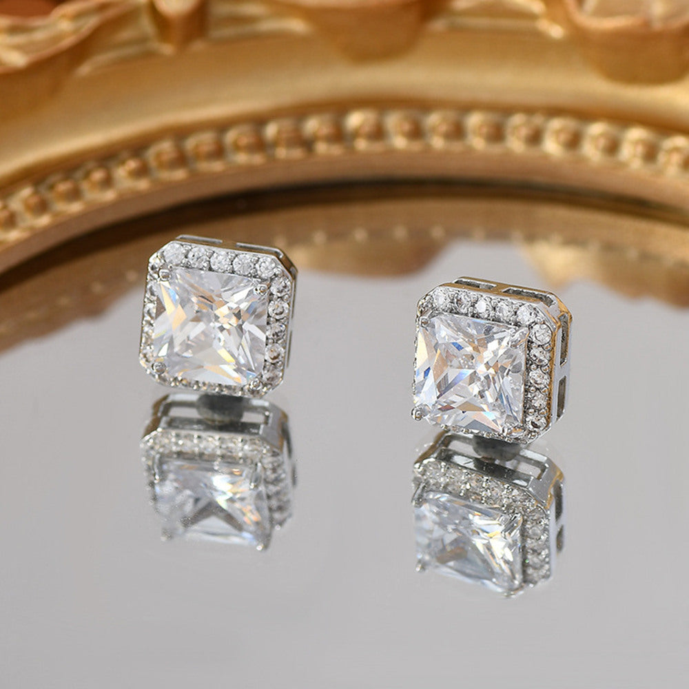 Geometric Sugar Cube Zircon Stud Earrings CZ Micro Pave Studs, S925 Silver Post, Fashion Simple Jewelry AL1107