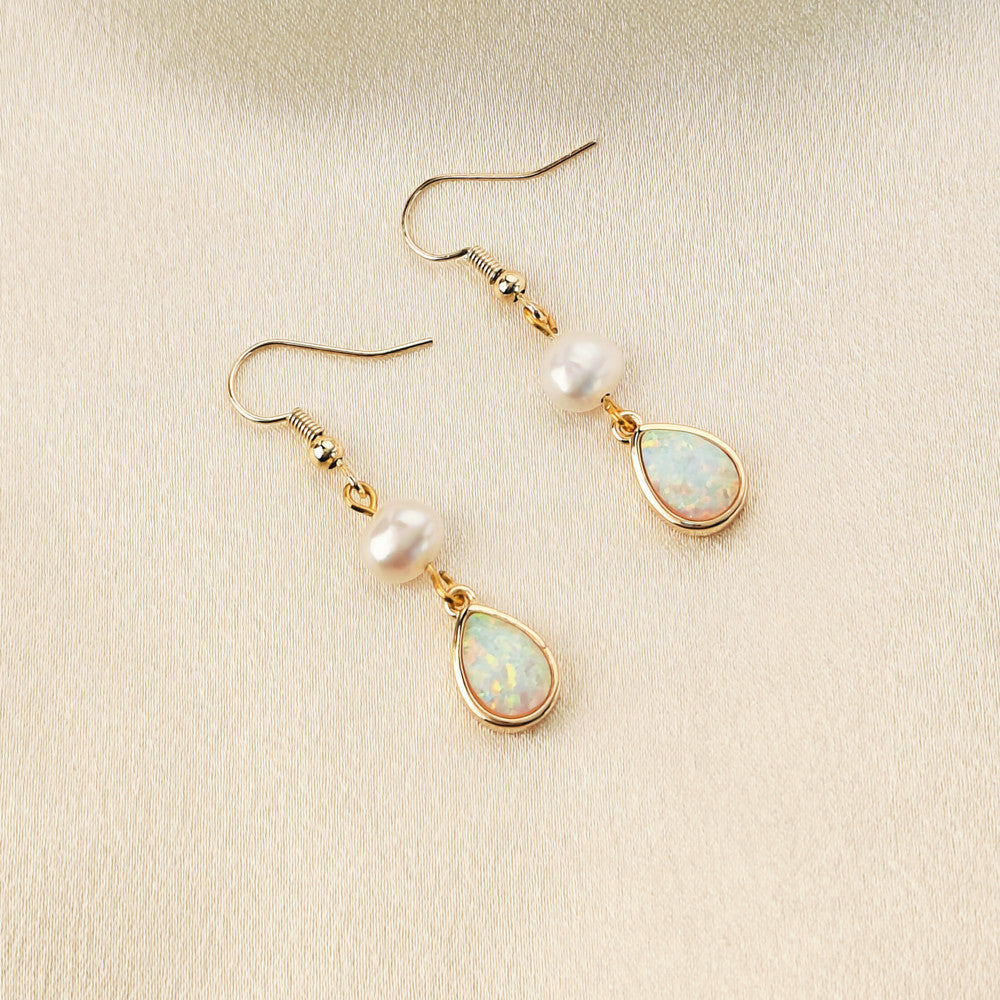 Gold Teardrop White Opal Freshwater Pearl Dangle Earrings, Lady Fashion Jewelry AL1108