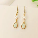 Gold Teardrop White Opal Freshwater Pearl Dangle Earrings, Lady Fashion Jewelry AL1108