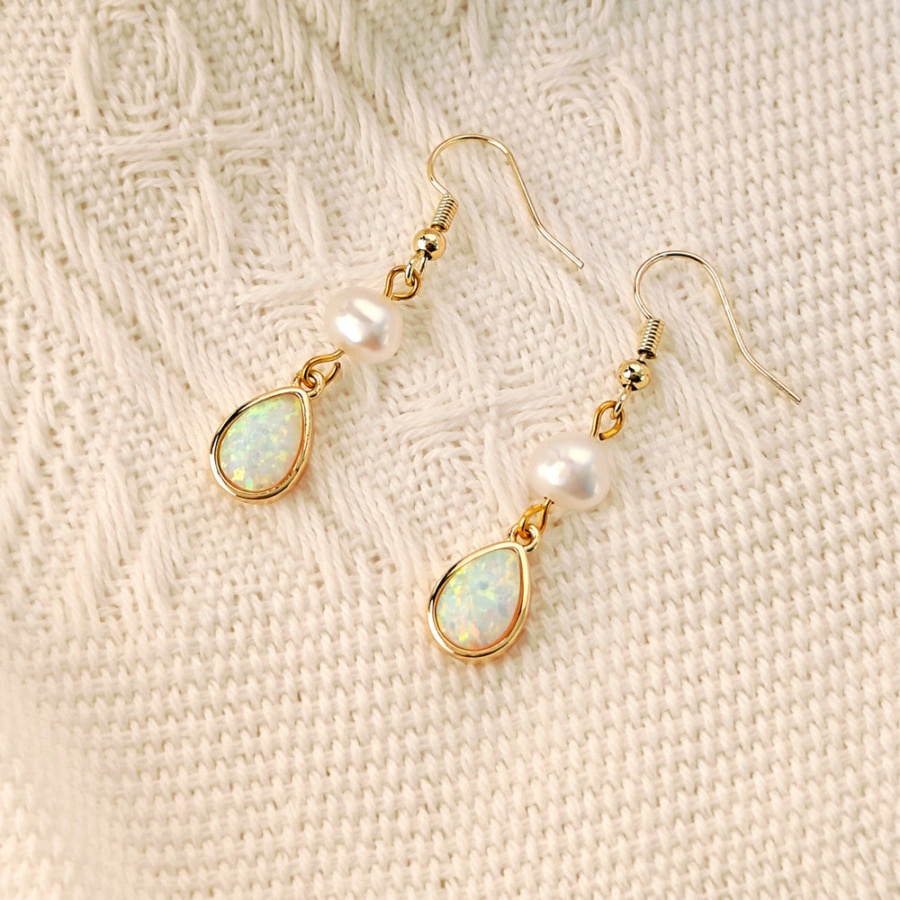 Gold Teardrop White Opal Freshwater Pearl Dangle Earrings, Lady Fashion Jewelry AL1108