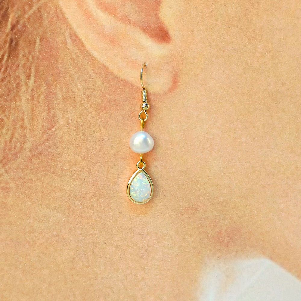 Gold Teardrop White Opal Freshwater Pearl Dangle Earrings, Lady Fashion Jewelry AL1108