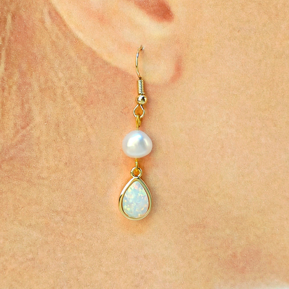 Gold Teardrop White Opal Freshwater Pearl Dangle Earrings, Lady Fashion Jewelry AL1108