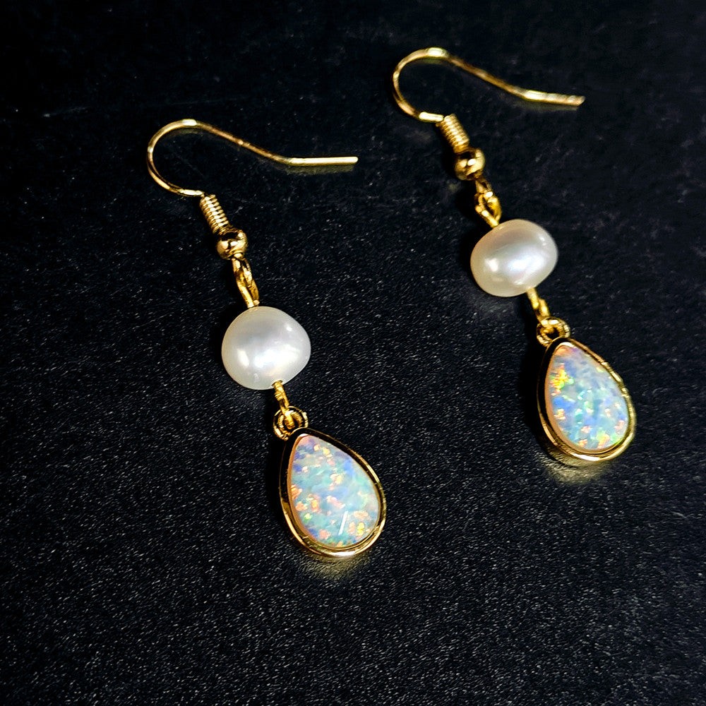 Gold Teardrop White Opal Freshwater Pearl Dangle Earrings, Lady Fashion Jewelry AL1108