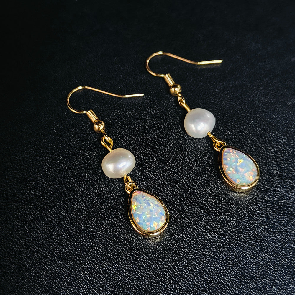 Gold Teardrop White Opal Freshwater Pearl Dangle Earrings, Lady Fashion Jewelry AL1108