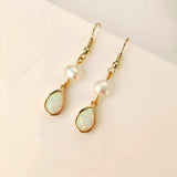 Gold Teardrop White Opal Freshwater Pearl Dangle Earrings, Lady Fashion Jewelry AL1108