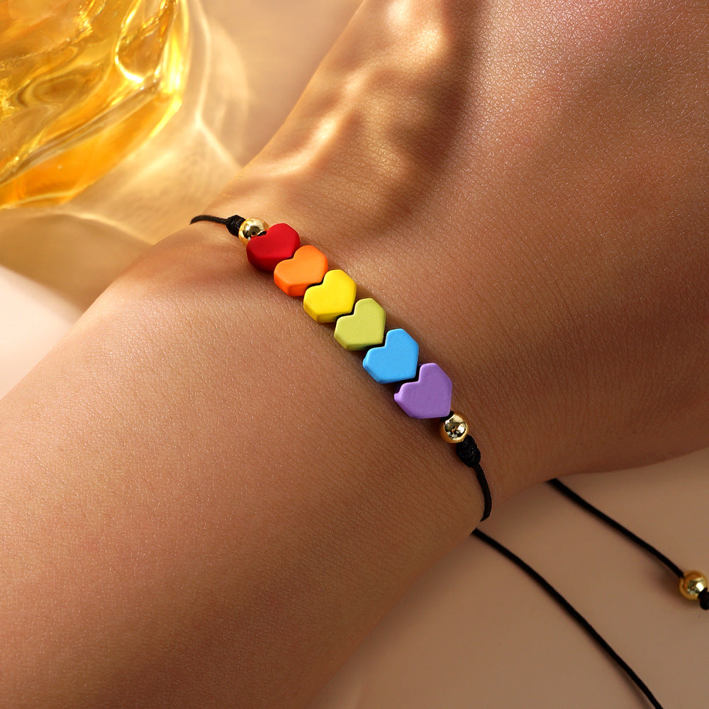 Colorful Heart Hematite Beaded Bracelet, Rainbow Gemstone Beads Bracelet, Adjustable, Handmade Boho Jewelry Bracelet AL1109