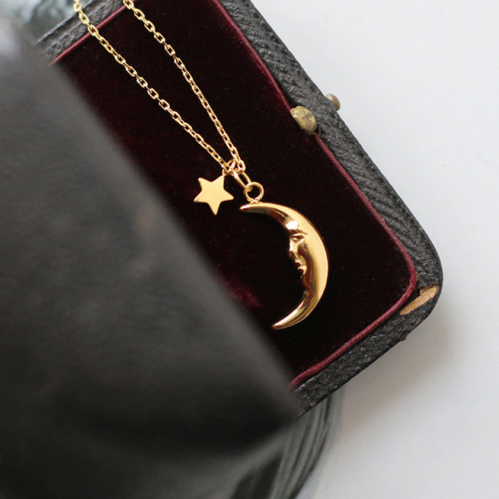 Gold Fairy Crescent Moon Star Pendant Necklace, Stainless Steel Plated 18K Gold Jewelry Necklace AL1120