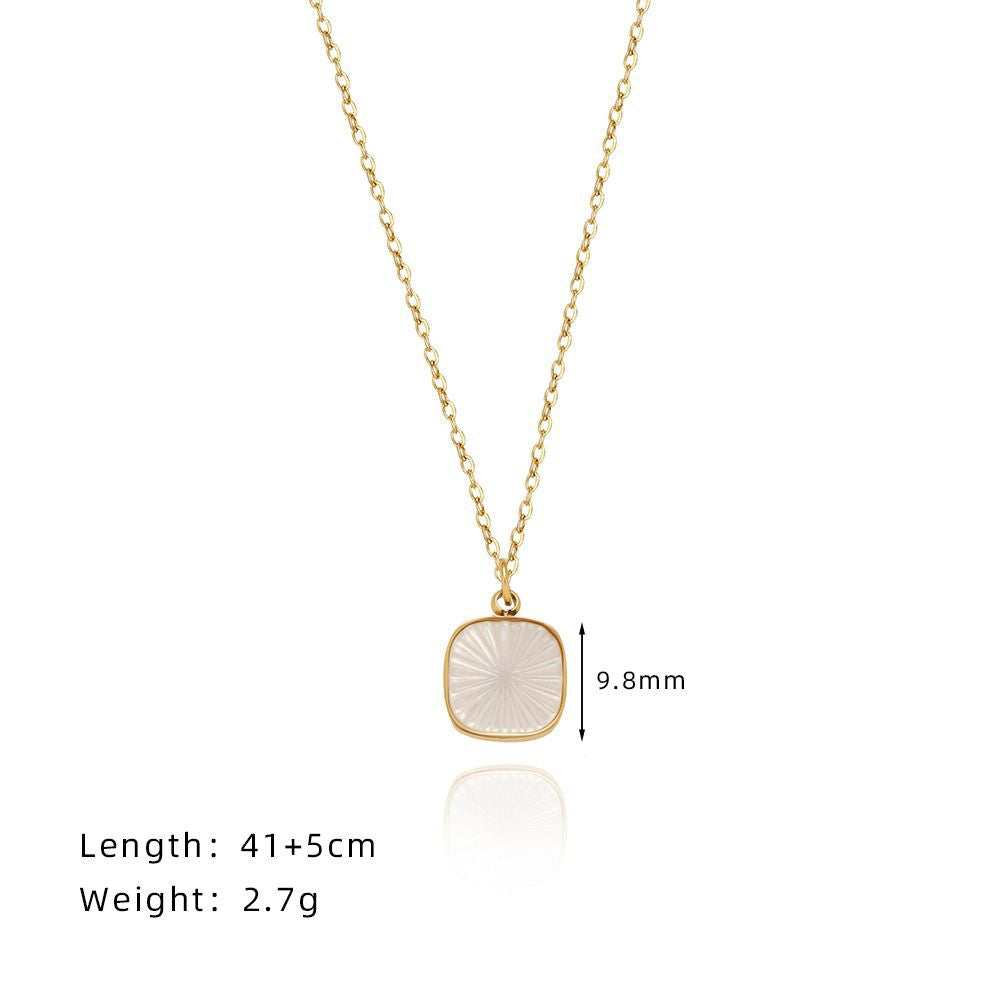 16" Gold Gerbera Daisy Carved White Shell Square Pendant Necklace, Stainless Steel Plated 18K Gold, Simple Fashion Jewelry AL1122