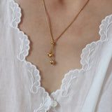 Gold Stainless Steel Lovely Two Little Hearts Tassel Necklace, Adjustable With Slider Bead, Lady Fashion Jewelry AL1128