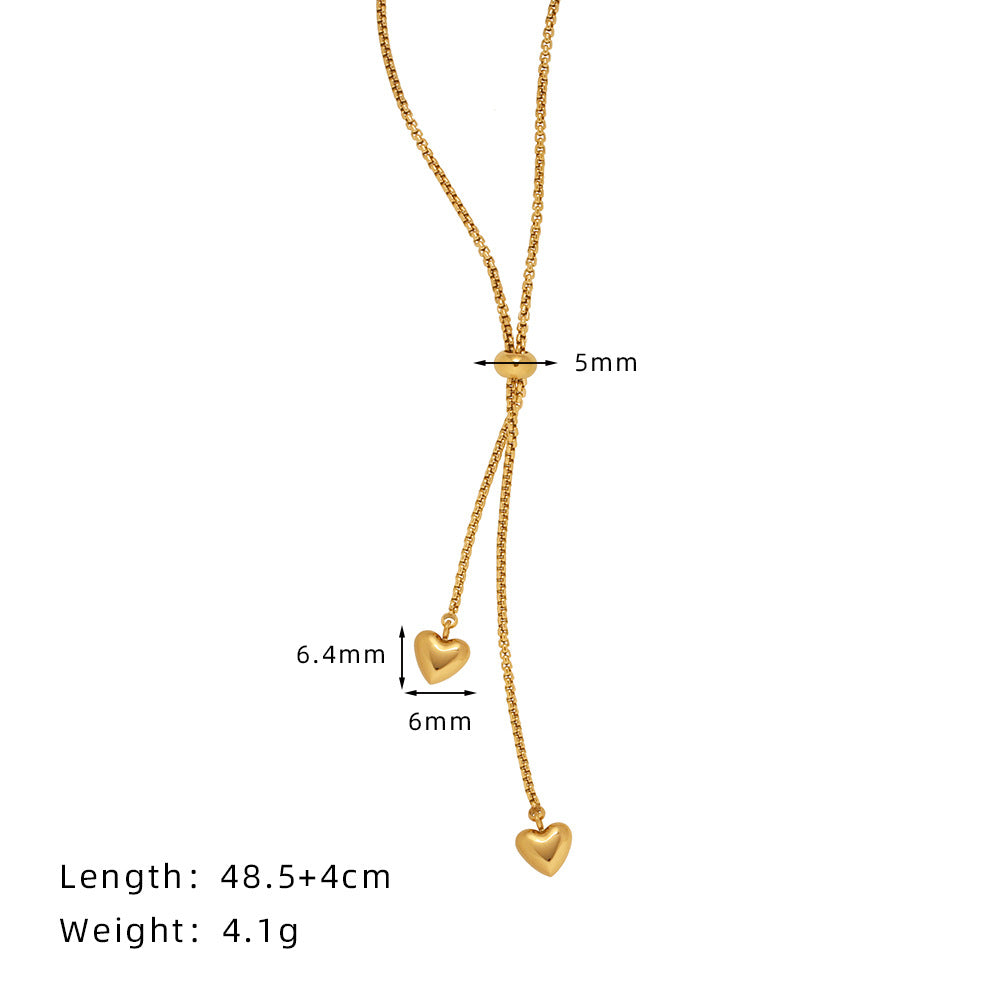 Gold Stainless Steel Lovely Two Little Hearts Tassel Necklace, Adjustable With Slider Bead, Lady Fashion Jewelry AL1128