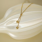 Gold Stainless Steel Lovely Two Little Hearts Tassel Necklace, Adjustable With Slider Bead, Lady Fashion Jewelry AL1128