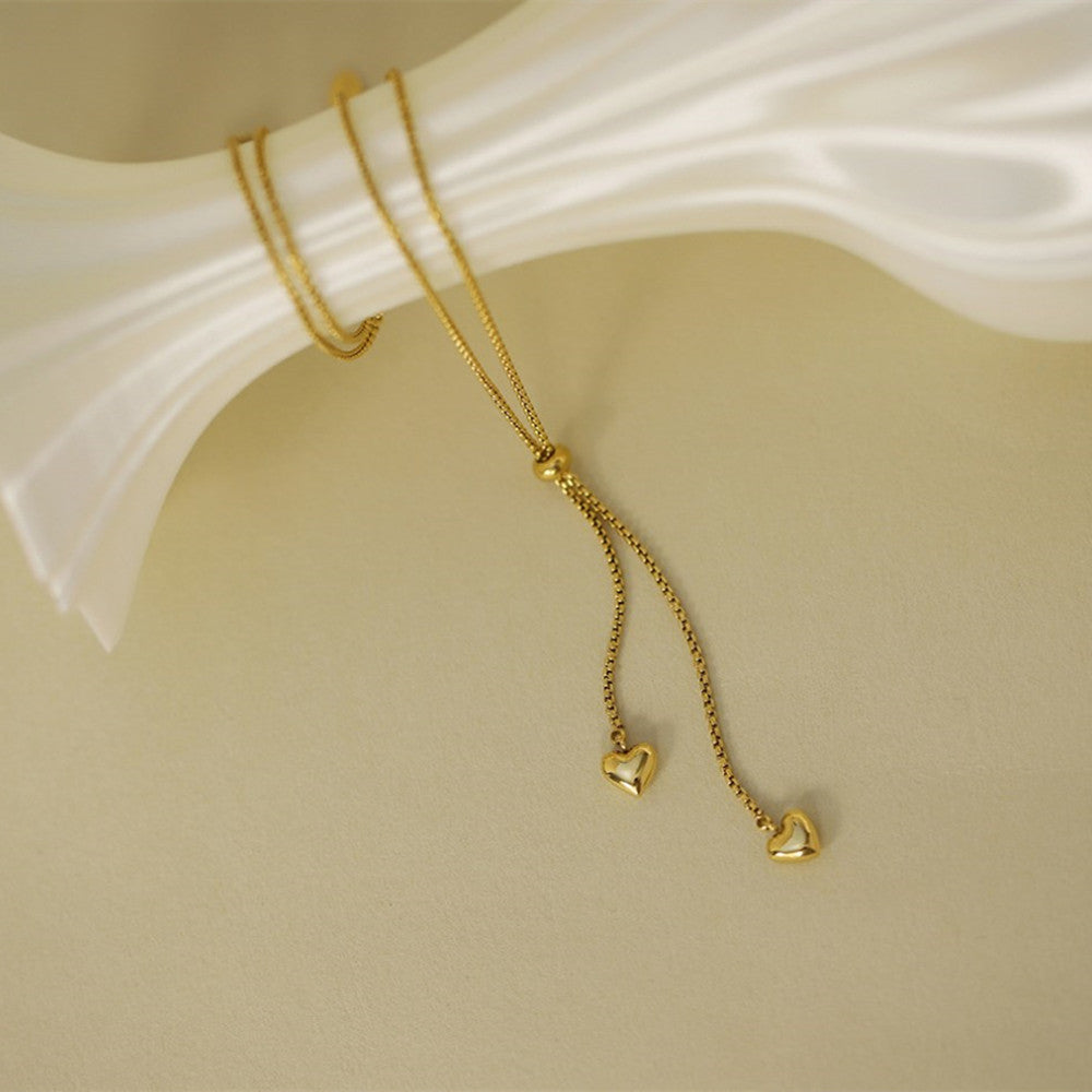 Gold Stainless Steel Lovely Two Little Hearts Tassel Necklace, Adjustable With Slider Bead, Lady Fashion Jewelry AL1128