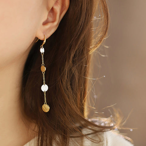 Stainless Steel Gold Silver Coin Long Tassel Dangle Earrings, Round Slice Chain Earrings AL1141