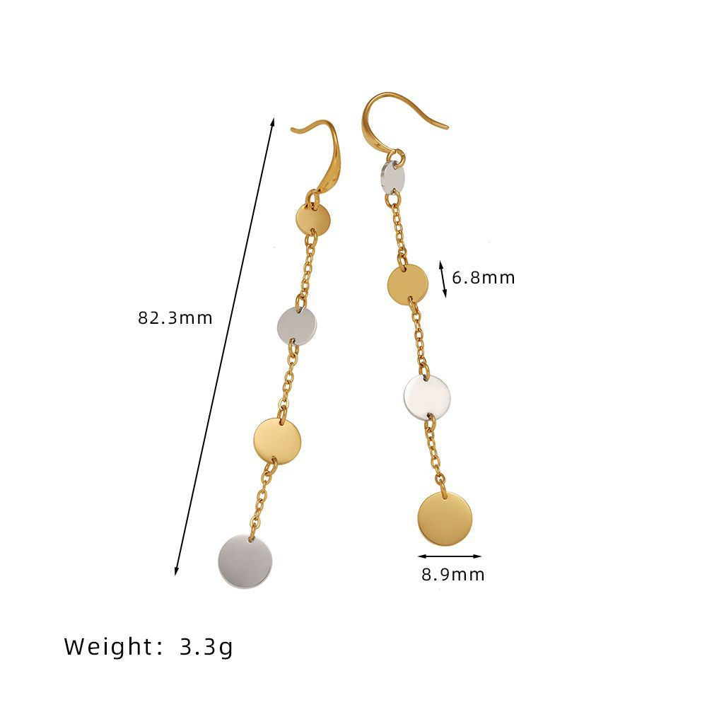 Stainless Steel Gold Silver Coin Long Tassel Dangle Earrings, Round Slice Chain Earrings AL1141