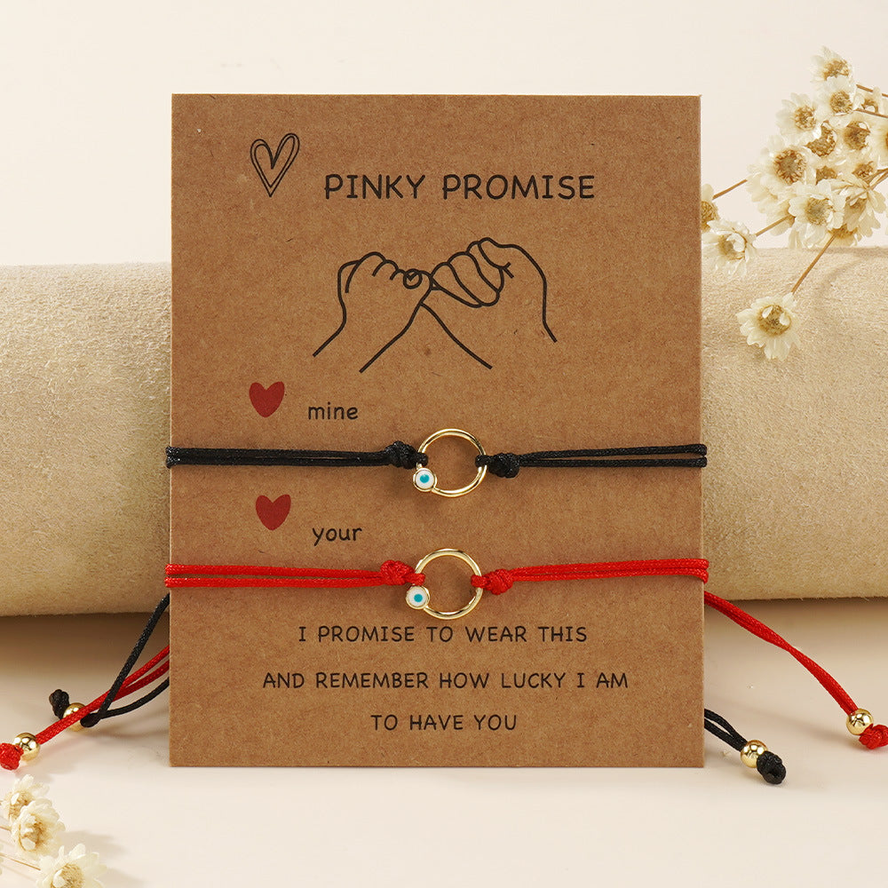 2pcs Bohemian Evil Eye Gold Circle Ring Bracelet with Gift Valentine Card, Red & Black Cord Couple Bacelet AL1143