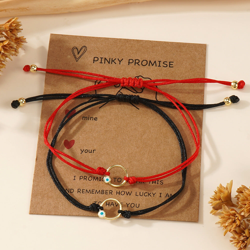 2pcs Bohemian Evil Eye Gold Circle Ring Bracelet with Gift Valentine Card, Red & Black Cord Couple Bacelet AL1143