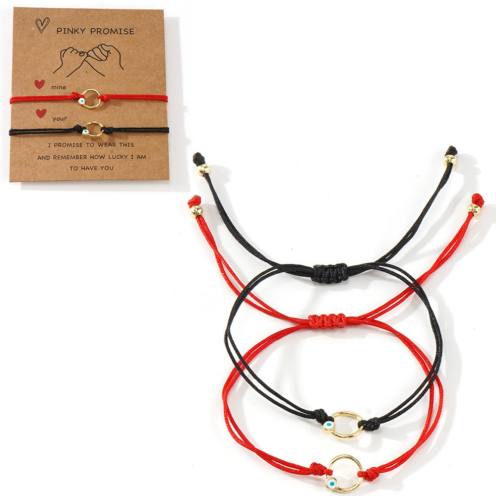 2pcs Bohemian Evil Eye Gold Circle Ring Bracelet with Gift Valentine Card, Red & Black Cord Couple Bacelet AL1143