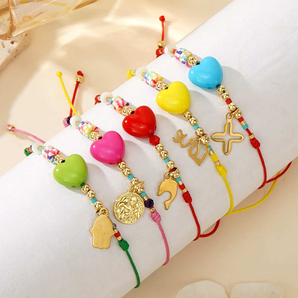 Bohemian Rainbow Heart Stainless Steel Palm Cross Charm Bracelet, Handmade Fashion LOVE Bracelet AL1144