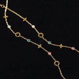 Skinny Rainbow CZ Four-Leaf Clover Gold Chain Bracelet, Hollow Flower Stainless Steel Bracelet AL1148