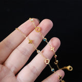 Skinny Rainbow CZ Four-Leaf Clover Gold Chain Bracelet, Hollow Flower Stainless Steel Bracelet AL1148