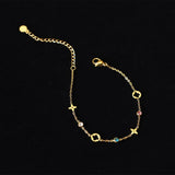 Skinny Rainbow CZ Four-Leaf Clover Gold Chain Bracelet, Hollow Flower Stainless Steel Bracelet AL1148