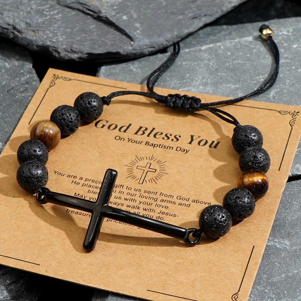 Bohemian Black Cross Lava Stone Tiger's Eye Beads Adjustable Bracelet, Handmade Boho Jewelry AL1151