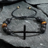 Bohemian Black Cross Lava Stone Tiger's Eye Beads Adjustable Bracelet, Handmade Boho Jewelry AL1151