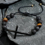 Bohemian Black Cross Lava Stone Tiger's Eye Beads Adjustable Bracelet, Handmade Boho Jewelry AL1151