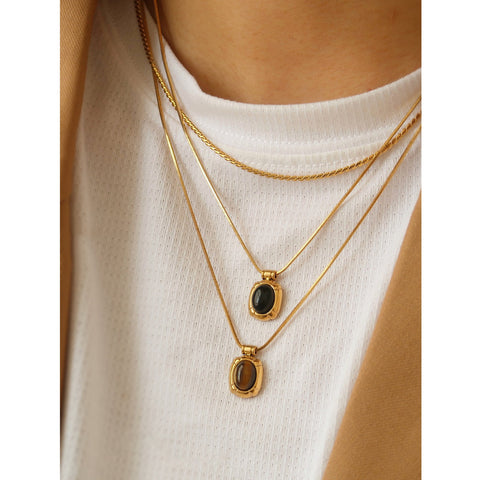 16" Gold Black Agate Tiger's Eye Green Aventurine Necklace, Stainless Steel Snake Chain Necklace, Simple Jewelry For Women AL1157