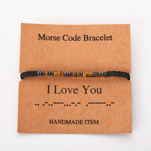 Natural Stone Tiger's Eye Hematite Beads Morse Code Bracelet, Code "I LOVE YOU", Handmade Men Father Son Bracelet AL1158