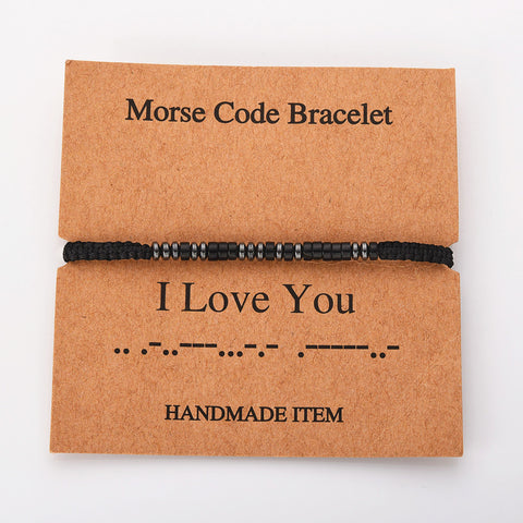 "I LOVE YOU" Natural Stone Morse Code Bracelet, Black Obsidian Hematite Beads, Handmade Men Father Son Bracelet AL1159