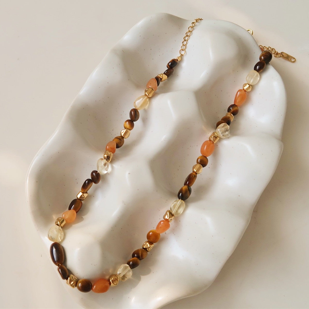 Bohemian Irregular Natural Stones Tiger's Eye Citrine Gold Beads Crystals Necklace Handmade Jewelry TAL1167