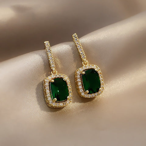 Emerald Green Geometric Sugar Cube Zircon Stud Earrings CZ Micro Pave Studs, S925 Silver Post, Fashion Simple Jewelry for Women AL1175