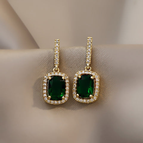 Emerald Green Geometric Sugar Cube Zircon Stud Earrings CZ Micro Pave Studs, S925 Silver Post, Fashion Simple Jewelry for Women AL1175