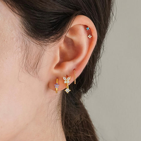 Butterfly Purple White Zircon Cartilage Earrings,S925 Sterling Silver Small Hoops AL1190