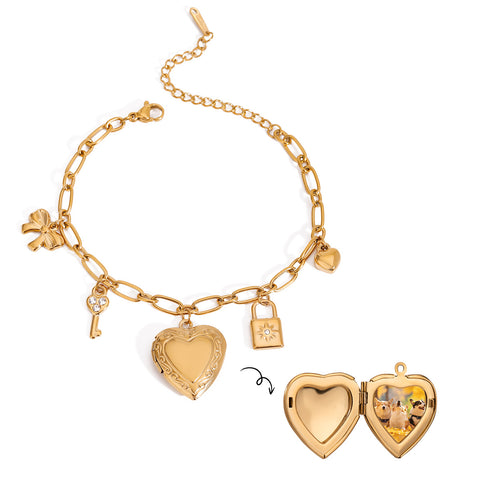 Gold Heart Photo Box Lockets Charms & Pearl CZ Star Bracelet, Stainless Steel Fashion Bracelet AL1197