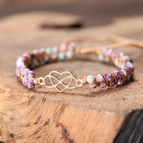 Gold Infinity Heart Wire Wrapped Bracelet with Purple Imperial Jasper Beads AL1198