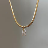 16" Gold CZ Initial Letter Snake Chain Necklace Stainless Steel Necklace, Cute Mini Letter Necklace AL1200